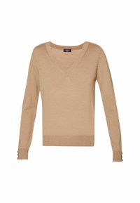 Pull à col en V beige à manches longues en tissu tricot doux. Présente des détails de couture subtils et des accents de boutons sur les manches.