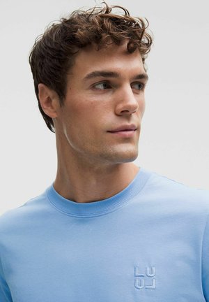 Felpa azzurro chiaro in cotone con scollo girocollo a costine e un discreto logo ricamato sul petto. Tessitura liscia e vestibilità regolare.