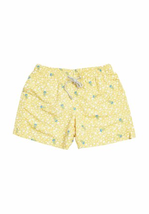 Pantaloni da bagno gialli con cintura elastica, regolabile con cordino, e un motivo di meduse blu e forme bianche. Realizzati in materiale leggero.
