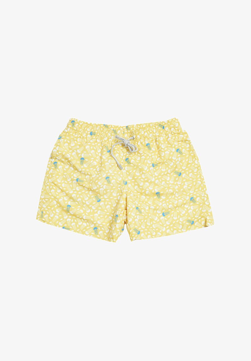 Pantaloni da bagno gialli con cintura elastica, regolabile con cordino, e un motivo di meduse blu e forme bianche. Realizzati in materiale leggero.