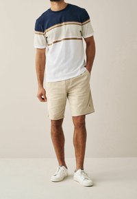 Camicia a maniche corte da uomo con un design a righe blu, grigio e bianco; pantaloni corti beige; sneakers bianche; tessuto morbido e vestibilità rilassata.