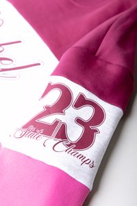 Dlhý rukáv košele z ružovej a bielej látky, na prednej strane s veľkým "23" a nápisom "Štátni šampióni" v burgundskej latinskej abecede.