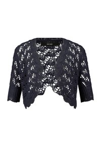 Granatowy szydełkowany kardigan z krótkimi rękawami, falistymi krawędziami i otwartym przodem. Całość zdobią misternie wykonane wzory koronkowe.