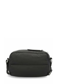 Borsa a tracolla nera, imbottita, di forma rettangolare, con chiusura a zip e tracolla regolabile. Presenta una texture liscia con dettagli minimi.