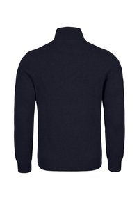 Navy blue knitted sweater, featuring a high collar, long sleeves, ribbed cuffs, and hem. Smooth texture with a fitted design.