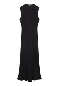 Zwarte mouwloze jurk met een hoge halslijn, vloeiende silhouet en textuurstof. Beschikt over een achtersluiting en een enkel-lange ontwerp.