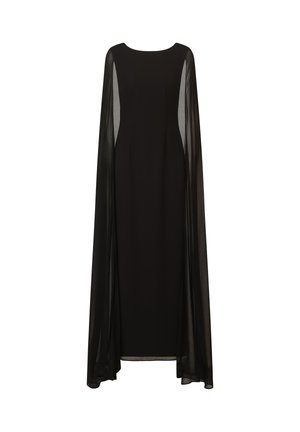 Robe noire avec un design structuré, un col rond et des manches en cape transparentes et fluides, créant un look superposé et élégant.