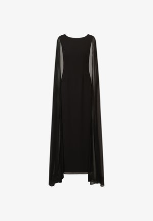 Schwarzes Kleid mit strukturiertem Design, rundem Ausschnitt und fließenden, transparenten Kappenärmeln, die einen schichtartigen, eleganten Look kreieren.