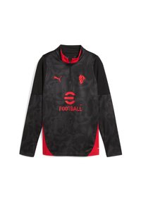 Schwarzes Langarm-Fußballshirt mit roten Akzenten, Reißverschlusskragen, strukturiertem Muster und rotem sowie weißem Logo auf der Brust.