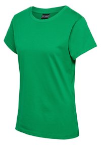 T-shirt en coton vert à manches courtes, col rond et texture lisse. Ne présente aucun motif ni matériel supplémentaire.