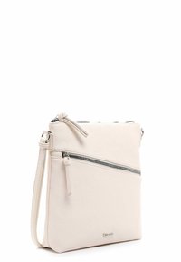 Borsa a tracolla in pelle off-white, con finitura texturizzata, tracolla regolabile e tasca frontale con zip e un elegante dettaglio hardware.