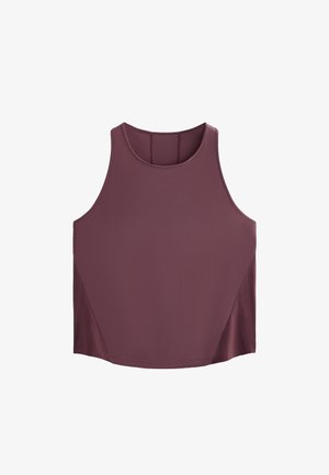Bordeaux-farbenes ärmelloses Top mit rundem Halsausschnitt, glatter Textur und Seitenpaneel-Details aus geripptem Stoff. Lockere Passform und minimalistisches Design.