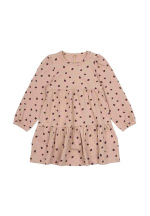 Vestito a maniche lunghe in cotone rosa chiaro con pois neri. Design a strati con orlo arricciato, scollatura rotonda e maniche a sbuffo.