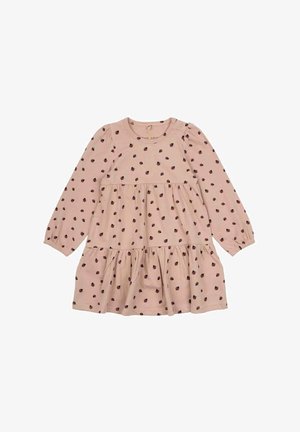 Dolga obleka zaprtih rokavov v svetlo roza bombažu s črnimi pikami. Večplastna zasnova z nabranim robom, okroglo ovratnico in napihnjenimi rokavi.