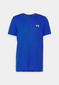 Blå kortärmad träningströja med rutmönster, rund hals och vit logotyp på övre vänstra bröstet. Lätt material.