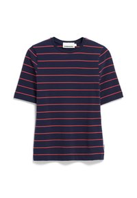 Marinefarbenes T-Shirt mit kurzen Ärmeln, das rote horizontale Streifen aufweist. Hergestellt aus weichem Stoff mit Rundhalsausschnitt. Markenlabel am Kragen sichtbar.