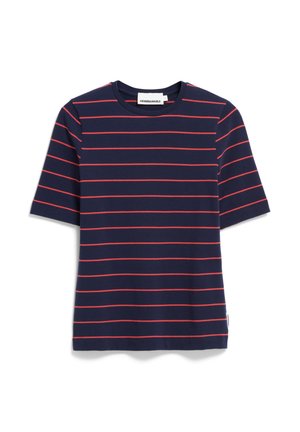 Marineblauw T-shirt met korte mouwen en rode horizontale strepen. Gemaakt van zachte stof met een ronde hals. Merkenlabel zichtbaar bij de kraag.