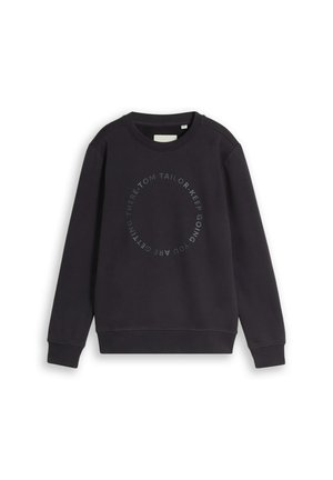 Sweat-shirt noir à manches longues avec col rond et texte imprimé circulaire "TOM TAILOR. KEEP GOING. YOU ARE GETTING THERE." sur la poitrine.