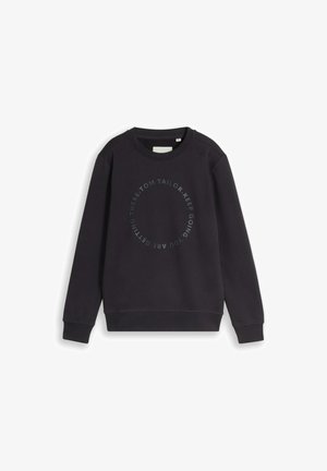 Sweat-shirt noir à manches longues avec col rond et texte imprimé circulaire "TOM TAILOR. KEEP GOING. YOU ARE GETTING THERE." sur la poitrine.
