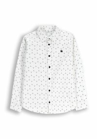 Biała koszula z długim rękawem z czarnym geometrycznym wzorem, zapinana na guziki z kołnierzykiem typu button-down i małym haftowanym logo. Czarna guziki z przodu.