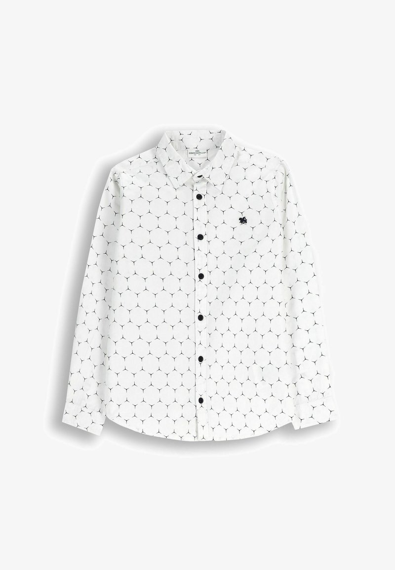 Biała koszula z długim rękawem z czarnym geometrycznym wzorem, zapinana na guziki z kołnierzykiem typu button-down i małym haftowanym logo. Czarna guziki z przodu.