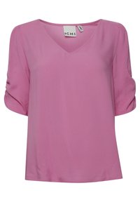 Blusa rosa a V con maniche corte arricciate. Realizzata in tessuto morbido, ha una vestibilità comoda e dettagli di cucitura minimi.