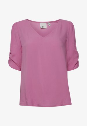Blusa rosa a V con maniche corte arricciate. Realizzata in tessuto morbido, ha una vestibilità comoda e dettagli di cucitura minimi.