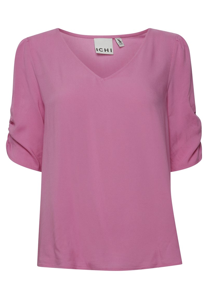 Blusa rosa a V con maniche corte arricciate. Realizzata in tessuto morbido, ha una vestibilità comoda e dettagli di cucitura minimi.
