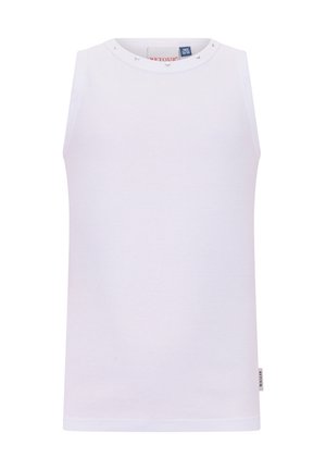 Witte mouwloze geribbelde tanktop met ronde halslijn en kleine drukknoopjes op de schouder, met zichtbare maatlabel aan de binnenkant van de kraag.