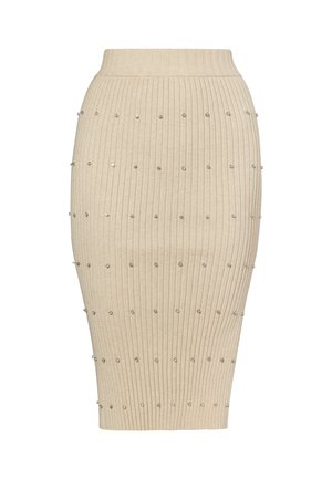 Knit beige midi skirt with vertical ribbing and decorative silver studs evenly spaced across the surface, featuring a fitted waistband.
