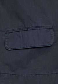 Dark blue fabric pocket with a stitched flap on a garment, showing detailed texture and seam lines.