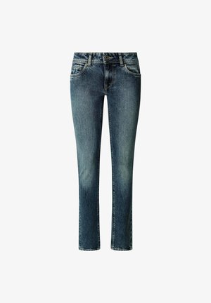 Siniset farkut, joissa on suora lahje muotoilu, haalistuneet yksityiskohdat, viisi taskua ja vetoketjullinen etuläppä napin suljennalla.