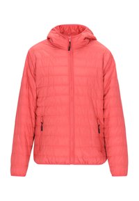 Letvægts koral pufjakke med hætte, prydet med vandret quiltet design, fuldlængde lynlås og to sidelommer med lynlås.