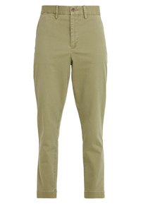 Olive green cotton chinos with a straight leg, front pockets, and a single button waistband. Smooth texture and clean design.
