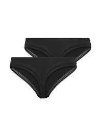 Czarne bawełniane majtki bikini, z gładką powierzchnią, koronkowym wykończeniem i klasycznym krojem majtek. W zestawie znajdują się dwie pary.