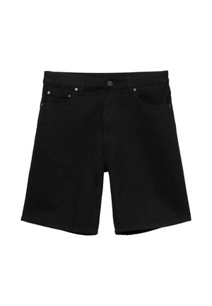 Shorts in denim nero con bottoni frontali, cerniera, passanti per cintura e design a cinque tasche, disposti in piano su sfondo bianco.