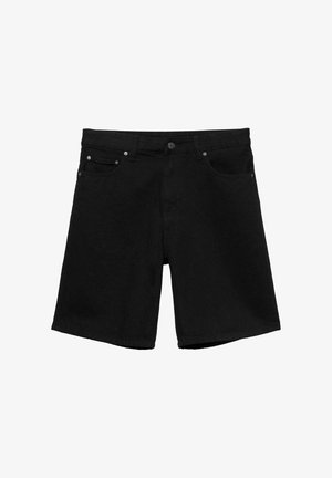 Shorts in denim nero con bottoni frontali, cerniera, passanti per cintura e design a cinque tasche, disposti in piano su sfondo bianco.