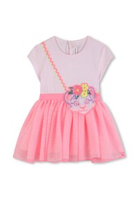 Ροζ βαμβακερό φόρεμα με κοντά μανίκια, διαθέτει φούστα από τούλι, τσεκίν λιοντάρι σε εφαρμογή και σχέδιο με νέον ζιγκ ζαγκ. Λαμπερά διακοσμητικά σε όλο το φόρεμα.