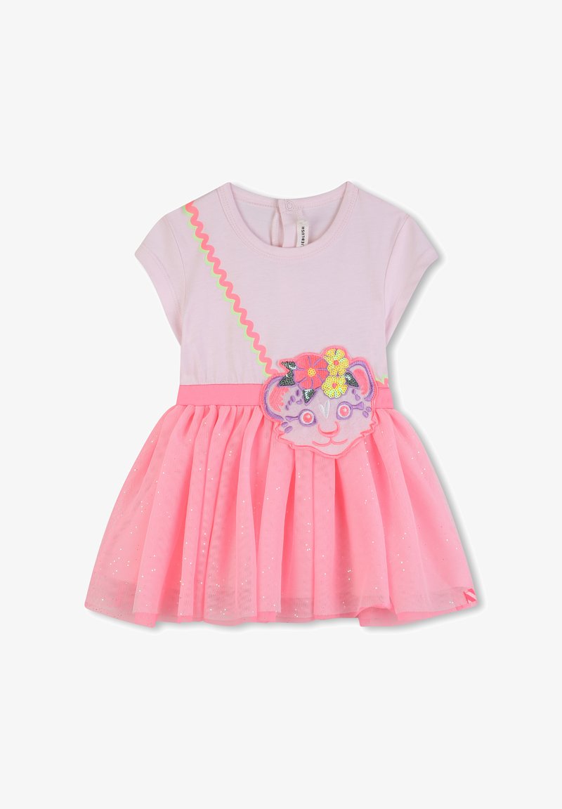 Ροζ βαμβακερό φόρεμα με κοντά μανίκια, διαθέτει φούστα από τούλι, τσεκίν λιοντάρι σε εφαρμογή και σχέδιο με νέον ζιγκ ζαγκ. Λαμπερά διακοσμητικά σε όλο το φόρεμα.