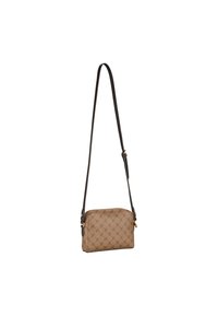 Borsa a tracolla in pelle marrone con esterno a motivo, chiusura con zip, lunga tracolla regolabile e dettagli in metallo color oro.