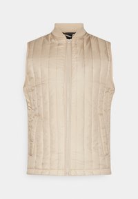 Beige quiltad ärmlös väst med framdragkedja, ribbad krage och sidofickor, uppvisad mot en vit bakgrund.