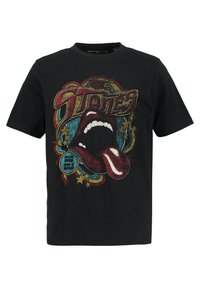 Schwarzes Baumwoll-T-Shirt mit einem grafischen Design, das ein rotes Lippen- und Zungenmotiv, farbenfrohen Text und Stern-Akzente zeigt. Kurze Ärmel und Rundhalsausschnitt.