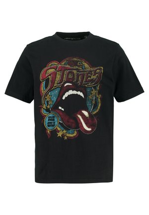 Black cotton t-shirt featuring a graphic design with a red lip and tongue motif, colorful text, and star accents. Short sleeves and crew neck.