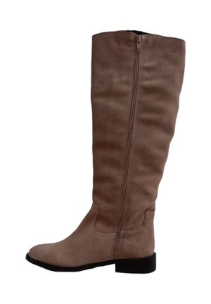Botas de ante taupe hasta la rodilla con un cierre lateral, punta redondeada, diseño holgado y un tacón bajo negro en bloque.