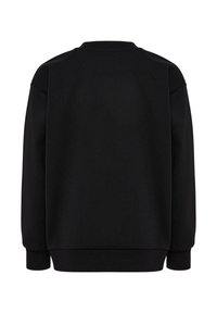 Sort langærmet crewneck-sweatshirt med ribstrikkede manchetter og kant, vist bagfra på en hvid baggrund.