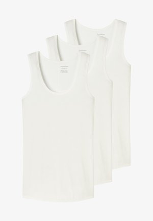 Trois débardeurs blancs unis empilés, montrant les vues de face avec des encolures dégagées et une texture de tissu doux.