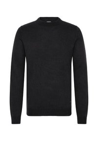Black knit sweater with a round neckline, long sleeves, and ribbed cuffs. Simple design with a textured fabric and a small logo at the hem.