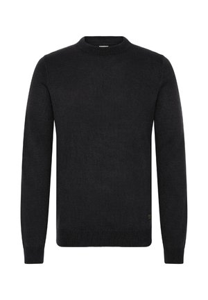 Schwarzer Strickpullover mit Rundhalsausschnitt, langen Ärmeln und gerippten Bündchen. Schlichtes Design mit strukturiertem Stoff und kleinem Logo am Saum.