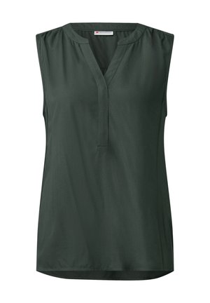 Blouse sans manches vert foncé avec un décolleté en V, texture douce, drapé subtil et sans fermetures visibles, conçue pour un usage décontracté.