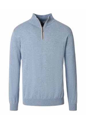 Hellblaues langärmeliges Sweatshirt mit einem gerippten Stehkragen und einem halben Reißverschluss vorne, mit gerippten Bündchen und Saum.